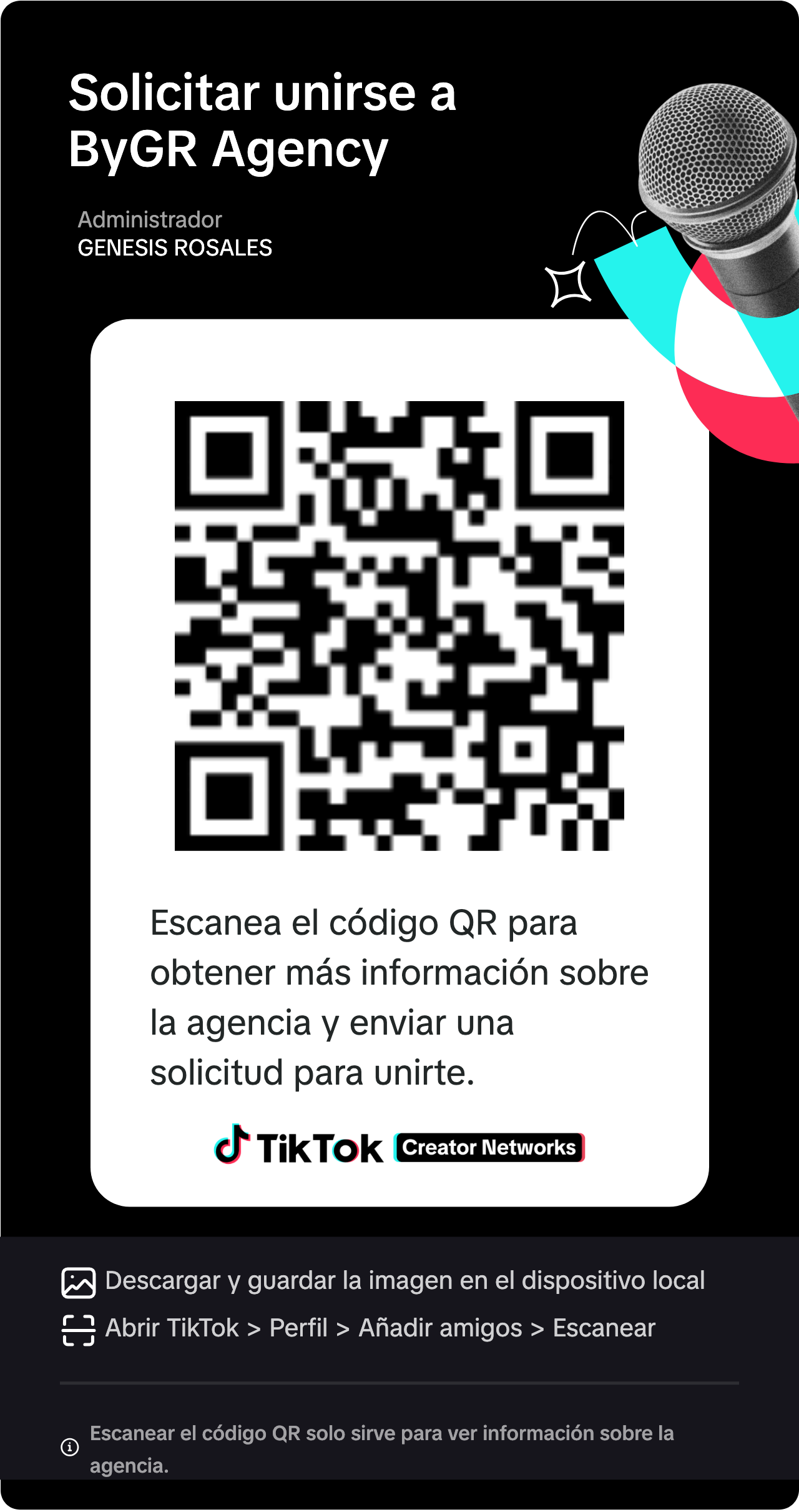 Código QR de TikTok para solicitar el ingreso a BYGR Agency